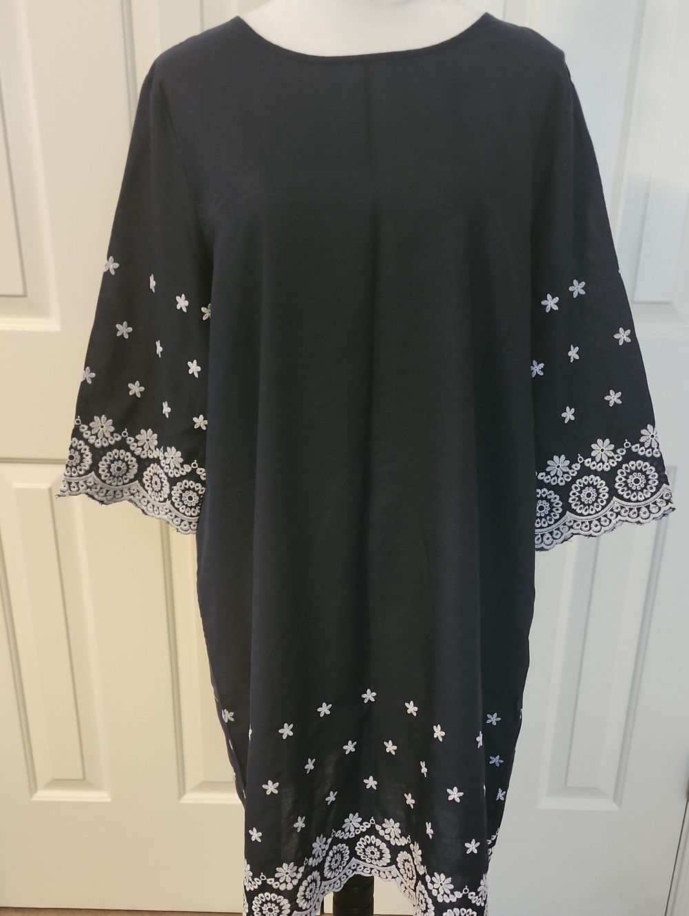 Navy Embroidered Midi Dress with White Floral Trim